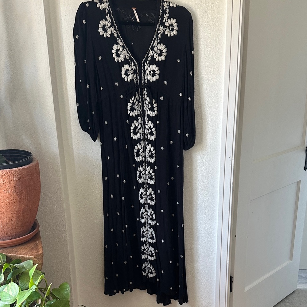 Free People Black Embroidered Maxi Dress with White Floral Trim